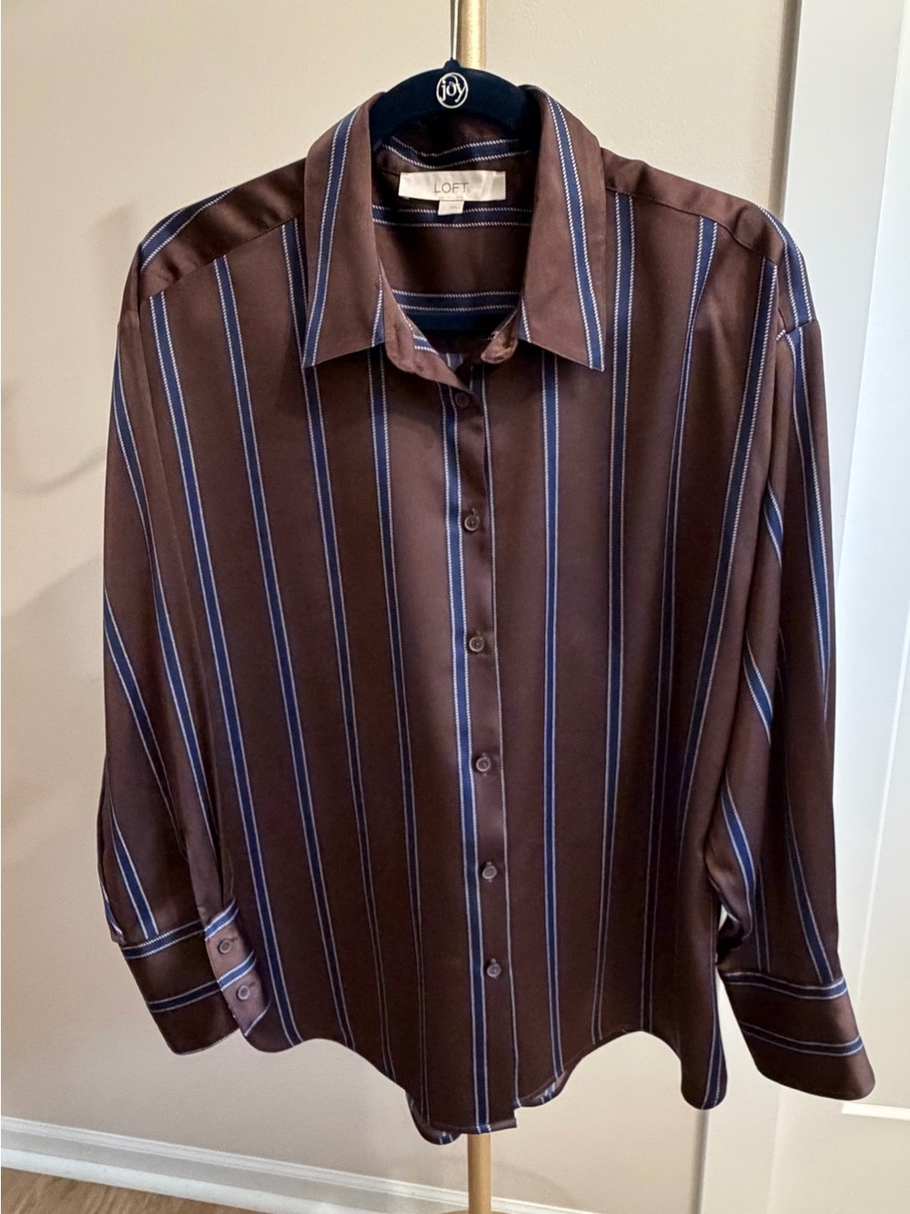 LOFT Brown Button-Up Shirt with Blue & White Stripes